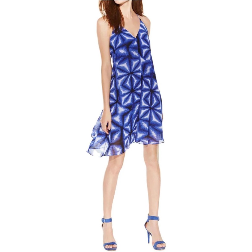 Calvin Klein Blue Chiffon Sleeveless V-Neck Flowy Asymmetric Trapeze Dress